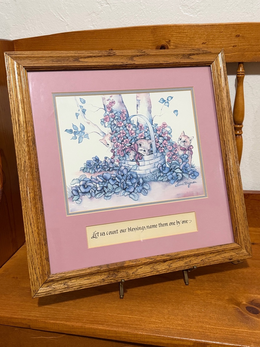 Vintage Laurie Korsgaden Kitten Cat Framed Art Cottagecore Pink Blue